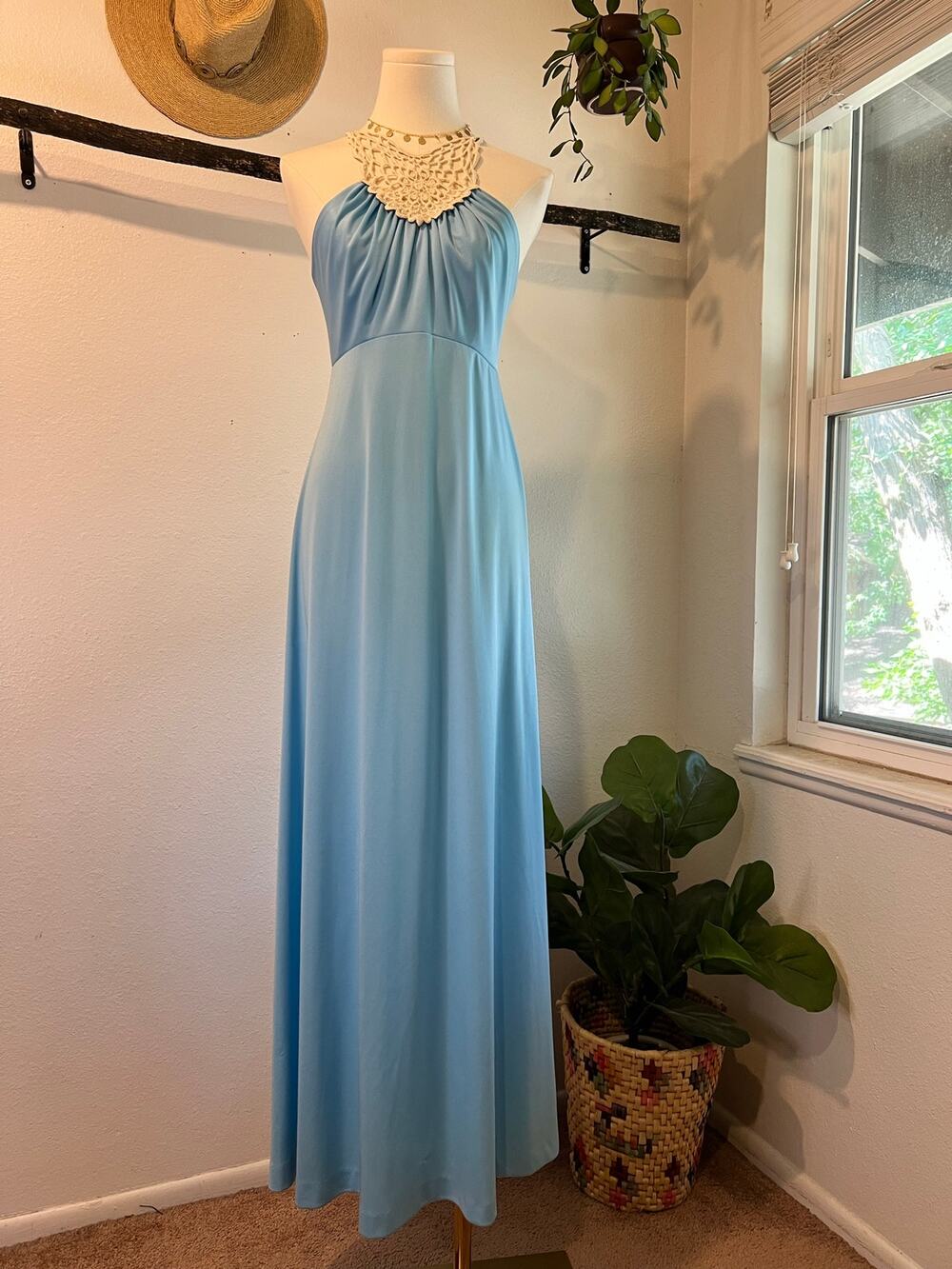 Vintage 70s Blue Silky A Line Goddess Crochet Maxi Gown Dress Size Small/XS